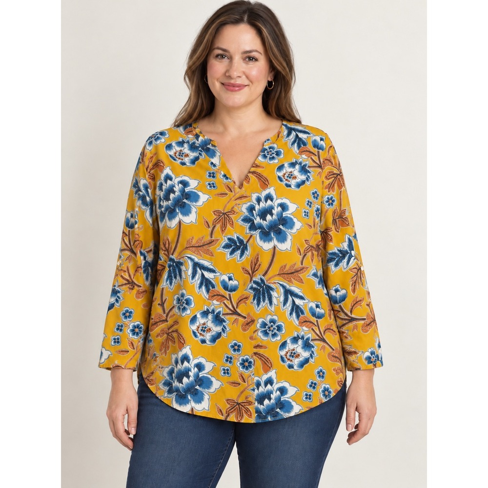 Elle Women Mustard Yellow Blue Floral Split V-Neck Roll Tab Sleeve Blouse Large